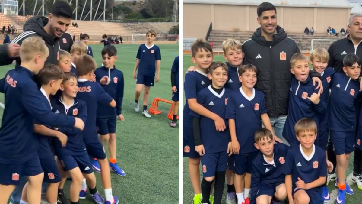 Marco Asensio visita por sorpresa al fútbol base de su club en Mallorca, el Platges de Calvià