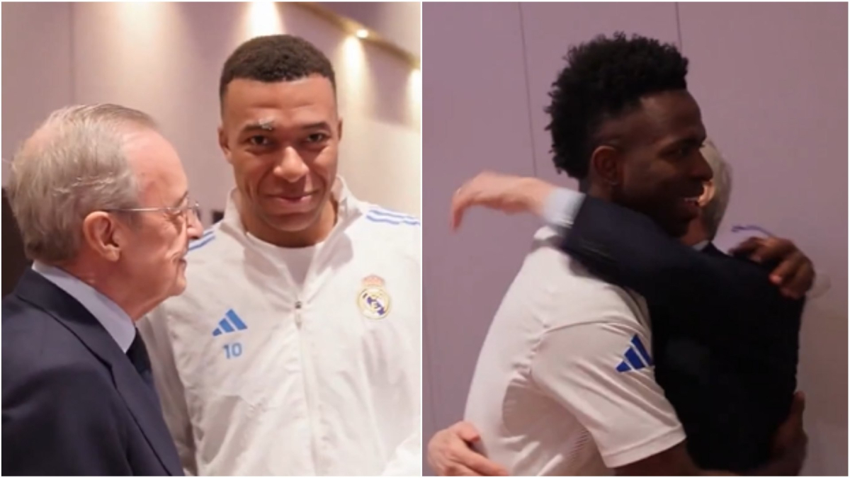 Florentino Pérez, en el tradicional saludo a sus jugadores antes del partido contra el Bayern