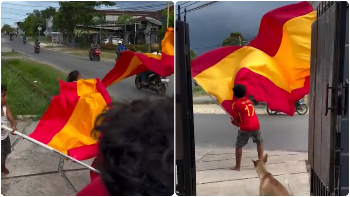 ¡Insólito! Niños indonesios sacaron banderas gigantes de España enfrente de las celebraciones argentinas