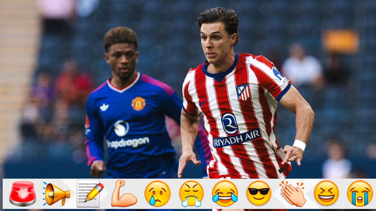 Giocatori del Manchester United e dell'Atlético Madrid in campo durante un match, con un attaccante che cerca di segnare e un portiere che blocca un tiro, immagine di approfondimento
