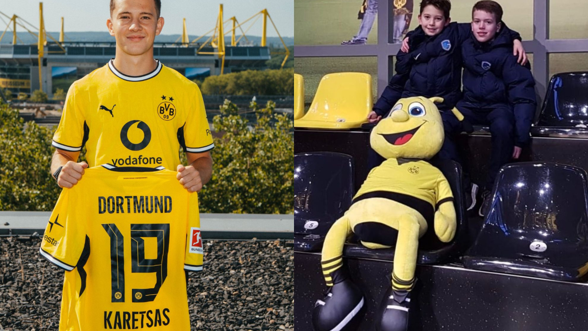Un giovane talento greco posa con la maglia del Borussia Dortmund, mentre il club lo presenta come prossimo acquisto