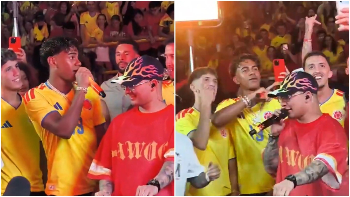 Lamine Yamal mostra la maglia della Colombia durante un evento musicale a Medellín