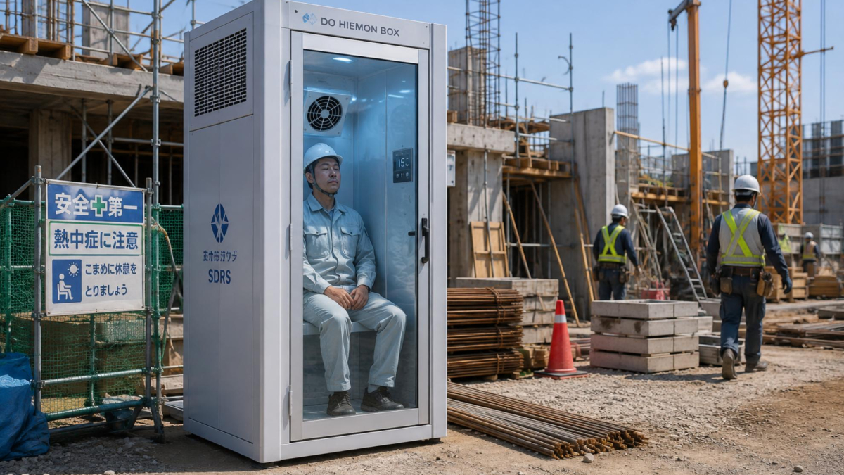 Una cabina di raffreddamento individuale in Giappone, progettata per alleviare il caldo estremo e utilizzata da lavoratori in ambienti caldi