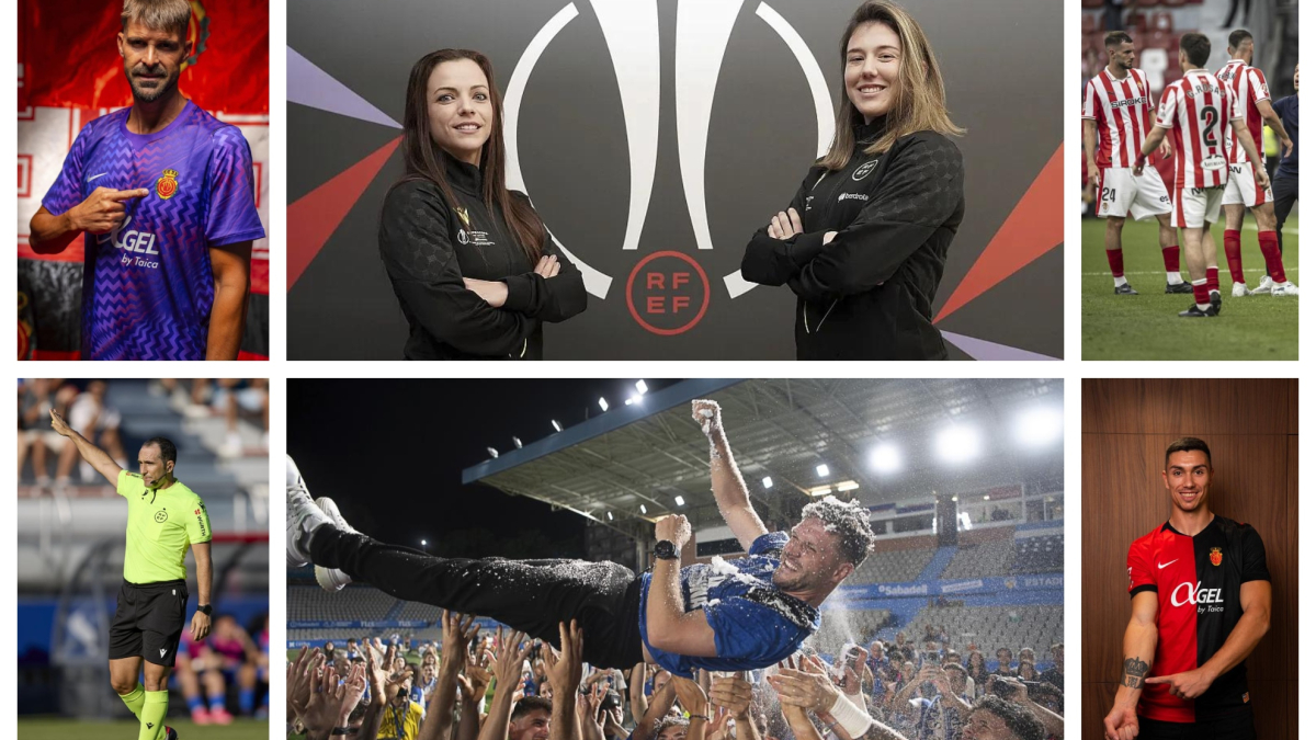 Stadio di Las Palmas con pubblico, giocatori in campo, arbitri donne in azione