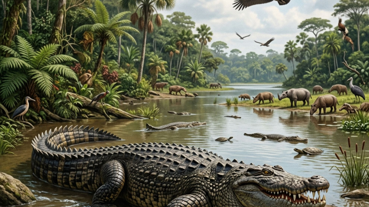 Un cocodrilo gigante con resti di denti incrustati in un osso, in un ambiente di laghi e umedali del Mioceno