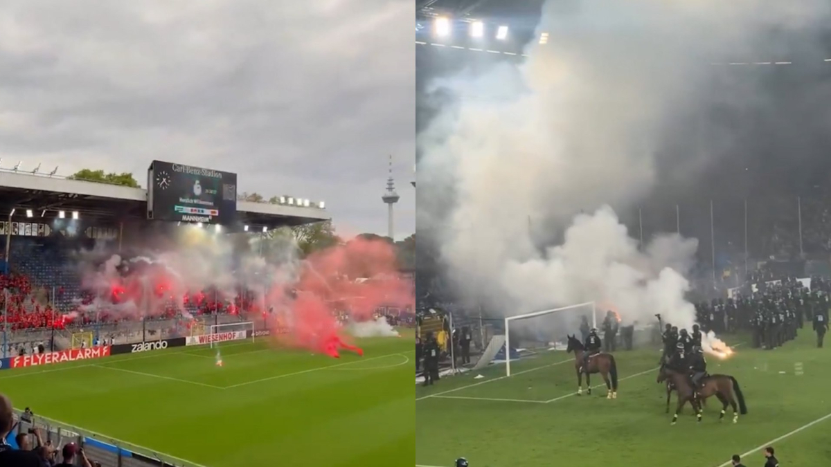 Tifosi in azione durante un derby di calcio, con bengalas e invasioni di campo, con persone ferite