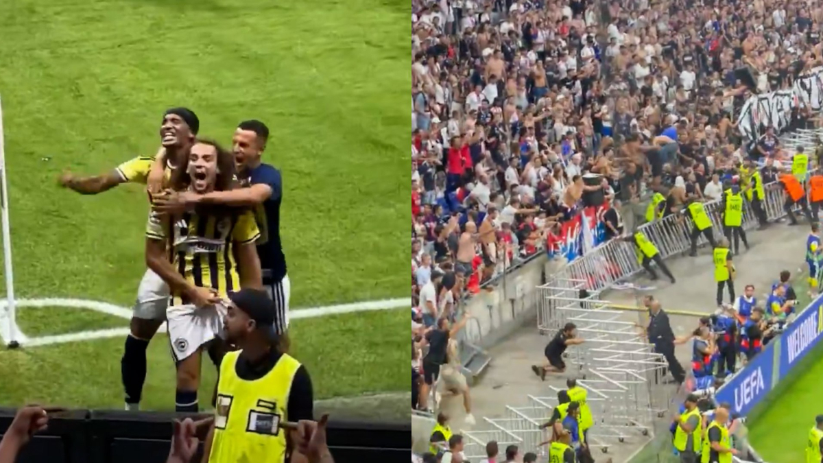 Matteo Guendouzi, Fenerbahce midfielder, gestures toward the Lyon stadium crowd while celebrating his team's Champions League qualification.
