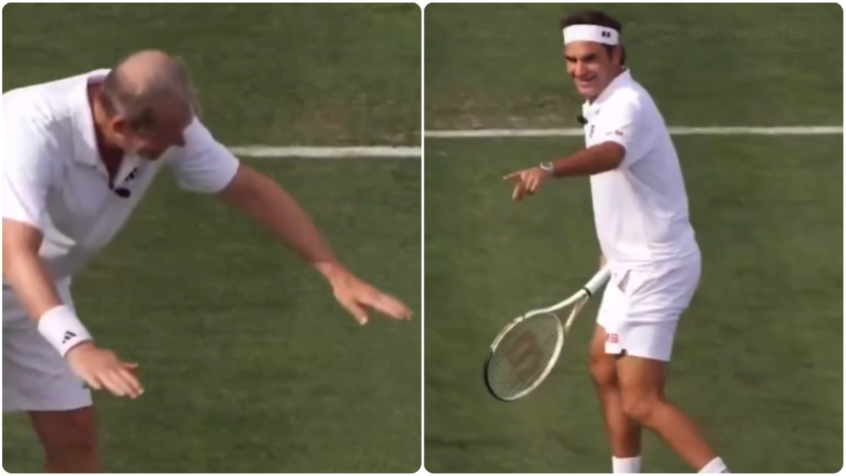 Roger Federer gioca sulla hierba in un match di mostra a Newport