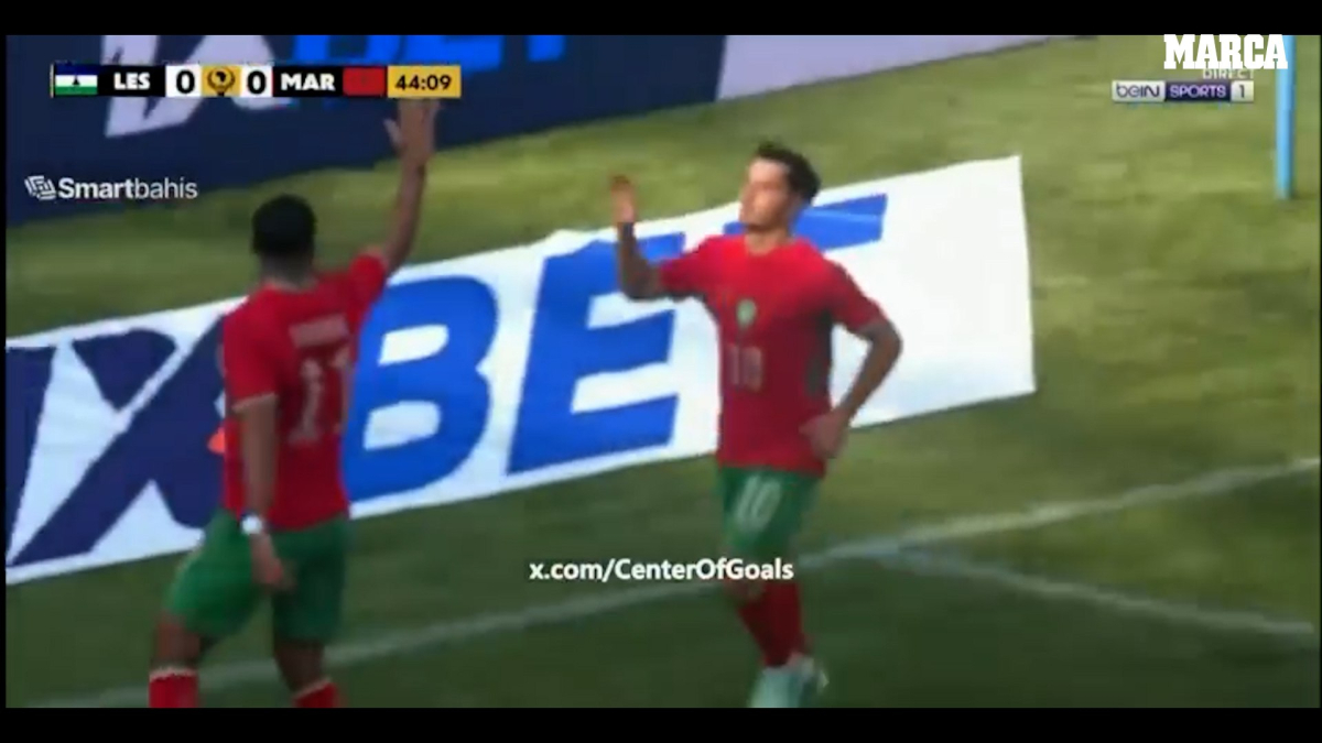Brahim Díaz celebrando un gol con la camiseta de la selección de Marruecos