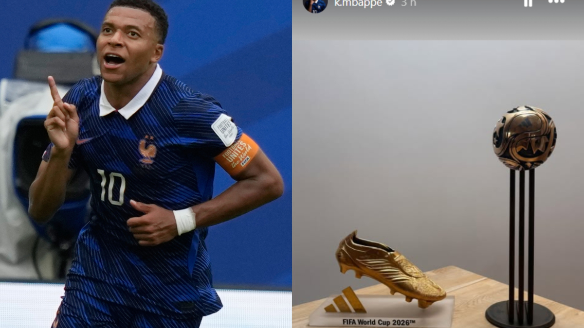 Kylian Mbappé poses with the Golden Boot and Bronze Ball won at the World Cup, in a photo posted on his social media accounts.