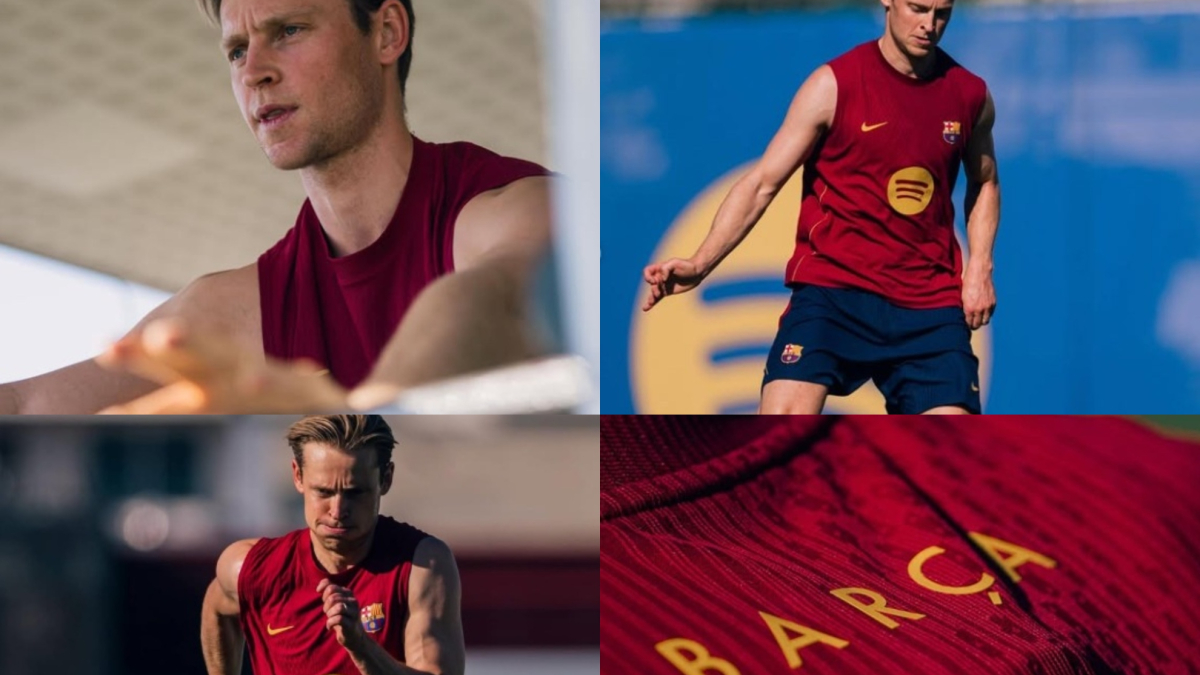 Frenkie de Jong durante un ejercicio de carrera en la Ciudad Deportiva del Barcelona, mostrando su recuperación de la lesión de rodilla.