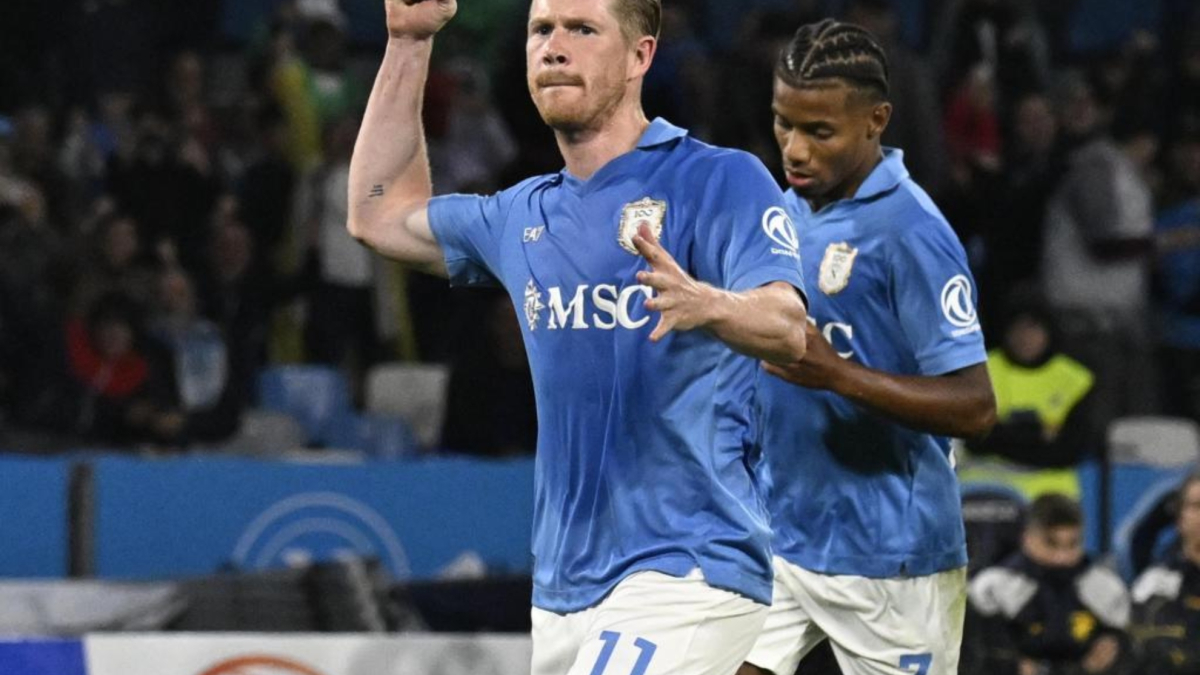 Kevin De Bruyne celebrates one of his two goals for Napoli at the Diego Armando Maradona stadium.