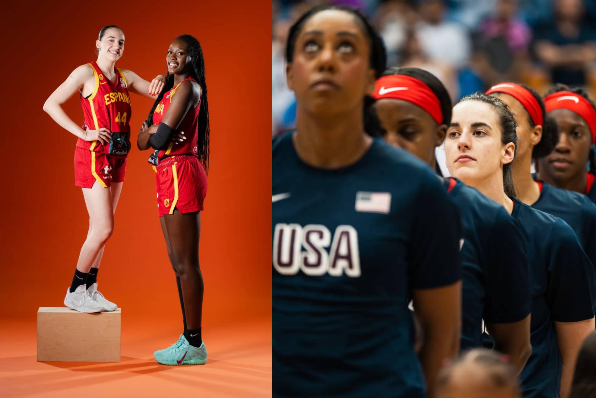 A la izquierda, Iyana Martín y Awa Fam. A la derecha, Caitlin Clark escucha el himno de Estados Unidos.
