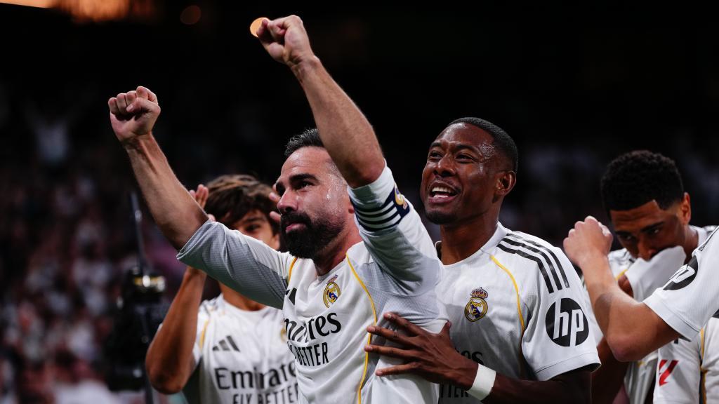 Real Madrid's Dani Carvajal, left, celebrates after a goal during a La Liga soccer match between Real Madrid and Athletic in Madrid, Spain, Saturday, May 23, 2026. (AP Photo/Manu Fernandez)