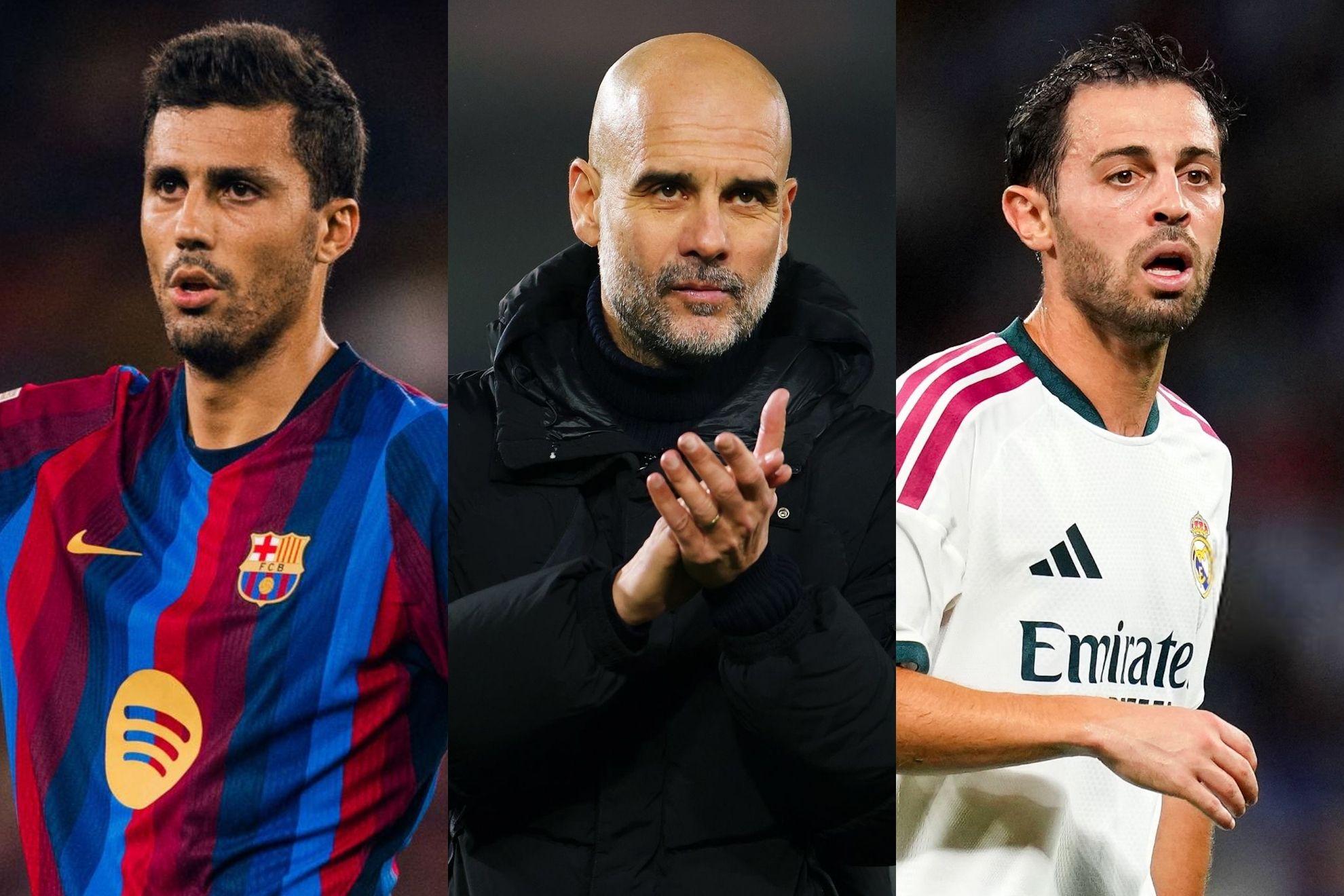 Rodri Hernández, Pep Guardiola y Bernardo Silva