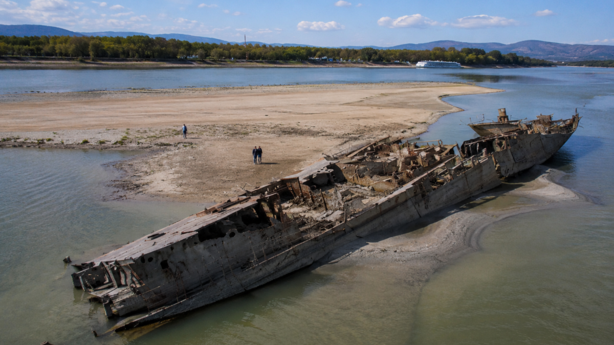 Un barco nazi de la Segunda Guerra Mundial emerge en el río Danubio por la bajada del nivel de las aguas