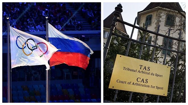 Las banderas olímpicas y rusa, y la placa de la sede del TAS.