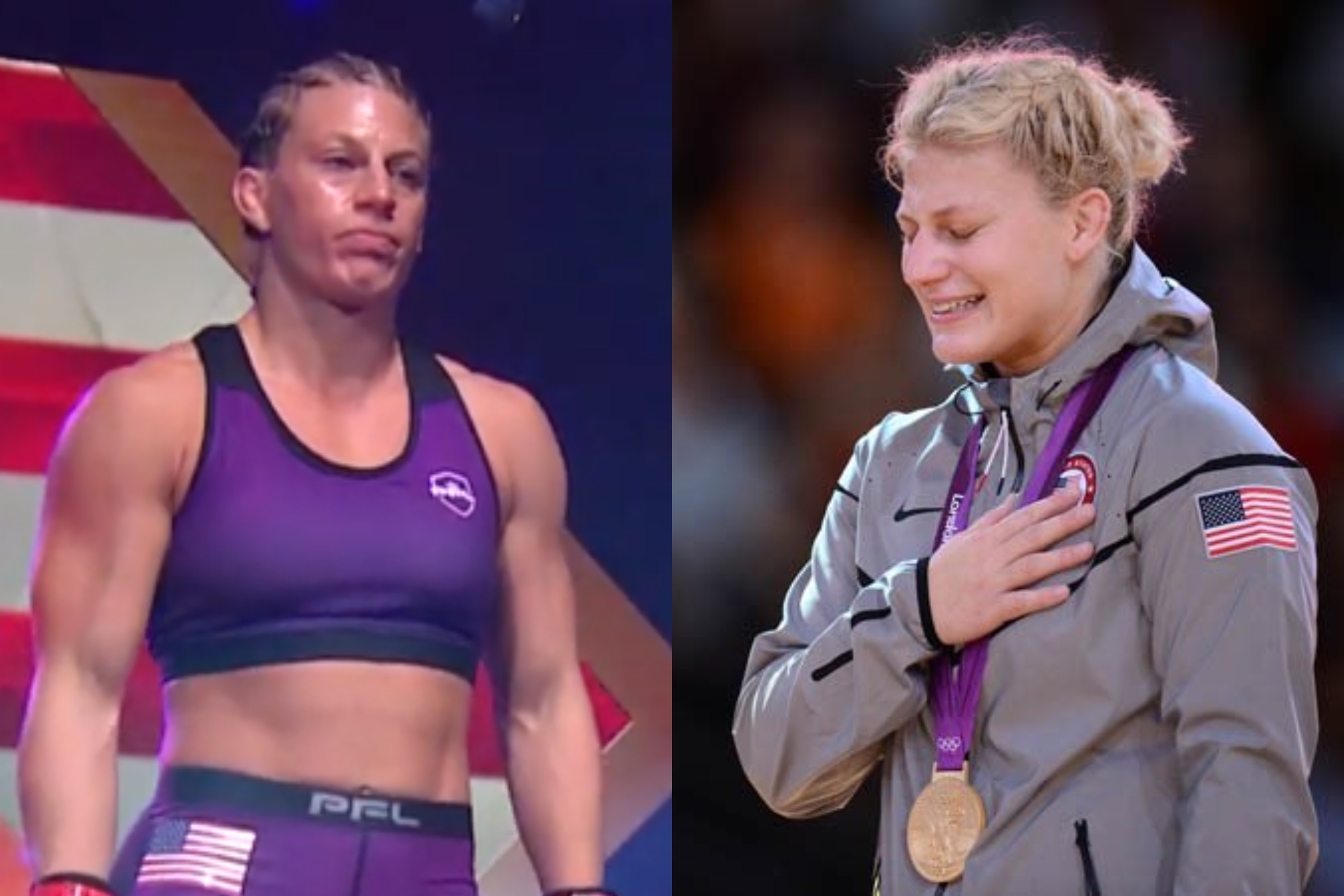 Kayla Harrison como luchadora de PFL y con la medalla olímpica.