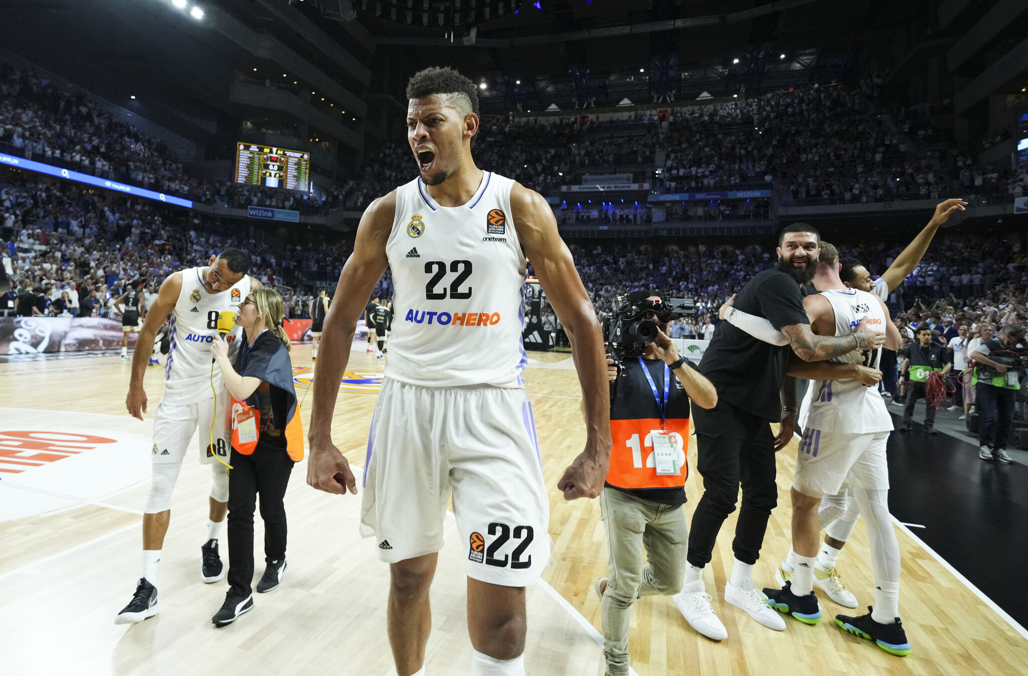 Tavares celebrates after defeating Partizan in the fifth game of the epic 2023 series. 