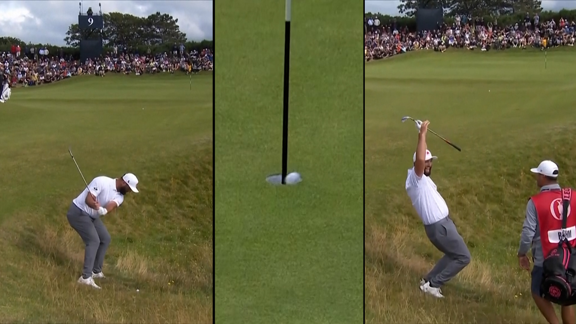 El golfista vasco embocó un 'approach' imposible desde la festuca para restarle un golpe a su tarjeta en el hoyo 9 tras fallar el green por mucho.