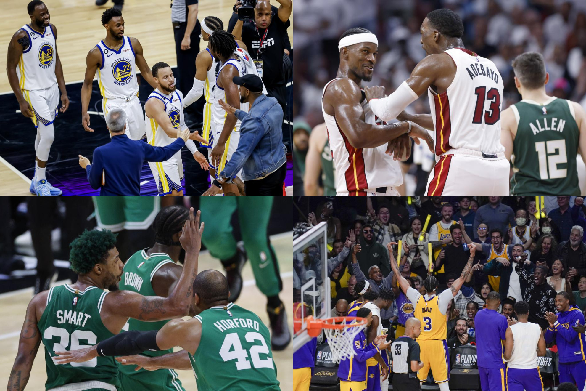 Montaje con cuatro de los equipos de la segunda ronda: Warriors, Heat, Celtics y Lakers.