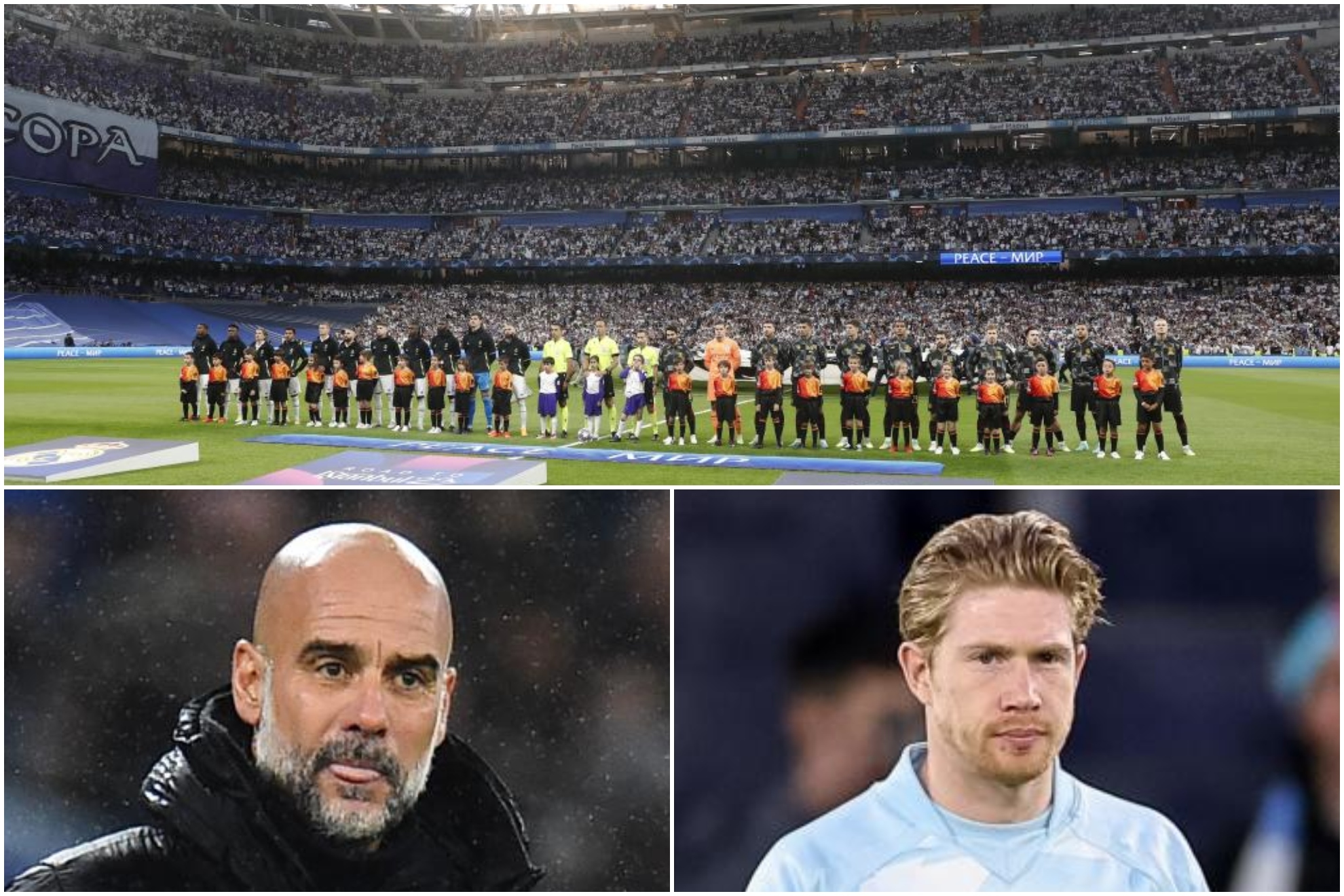 Los jugadores de Real Madrid y el City en el Bernabéu la pasada campaña e imágenes de Guardiola y De Bruyne.