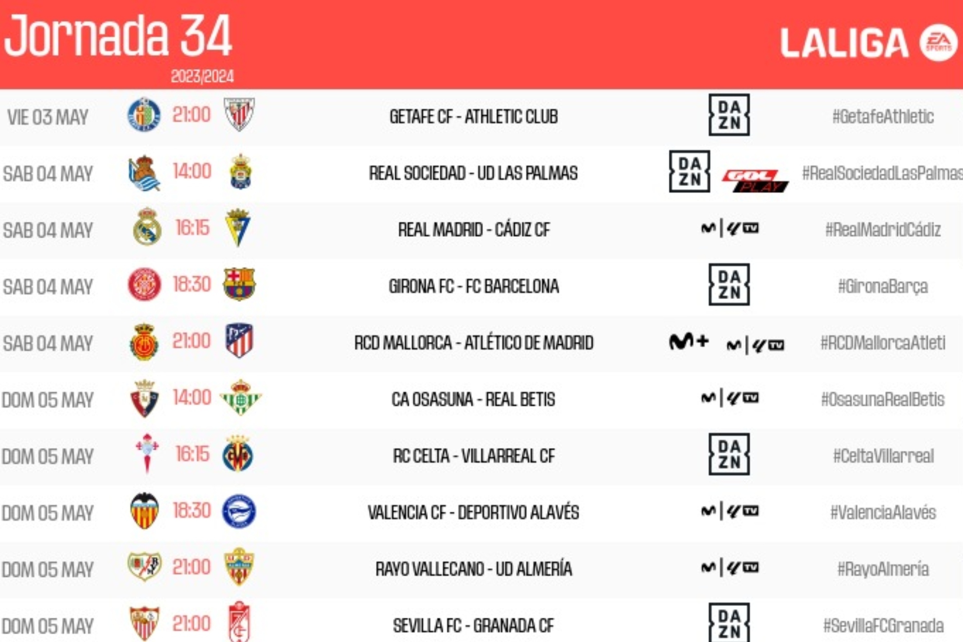 Estos son los horarios de la jornada 34 de LaLiga EA Sports