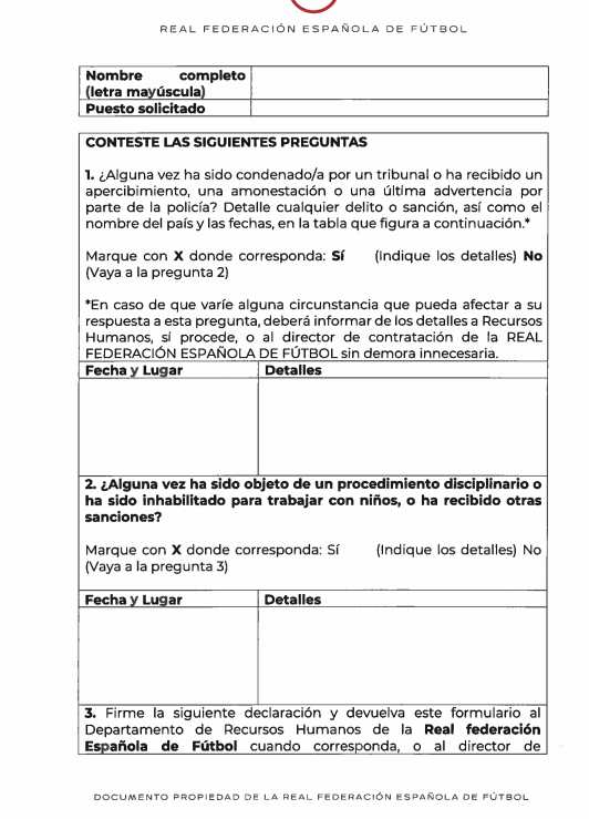 El formulario sobre delitos penales.