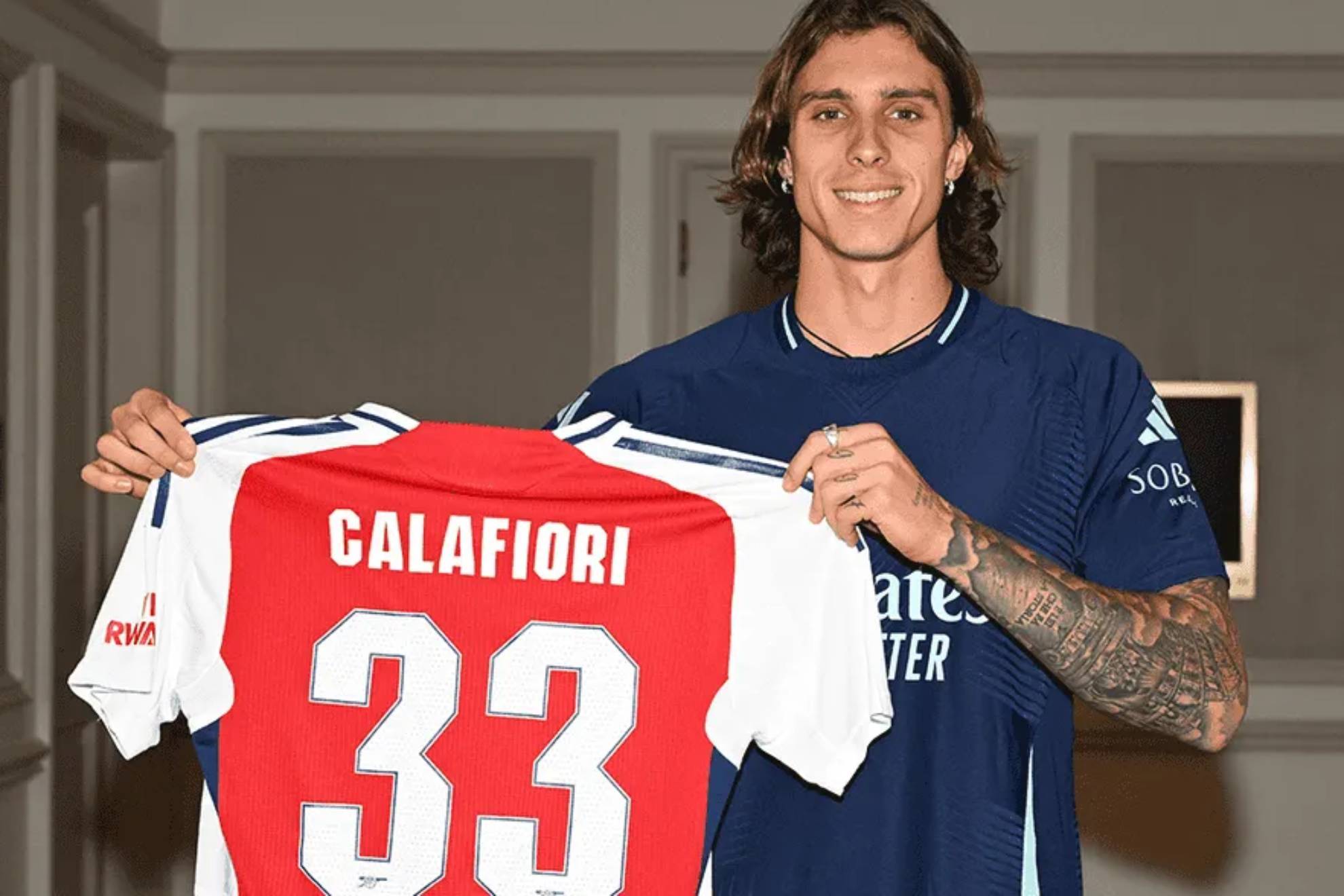 Calafiori posa con la camiseta del Arsenal con el número 33.