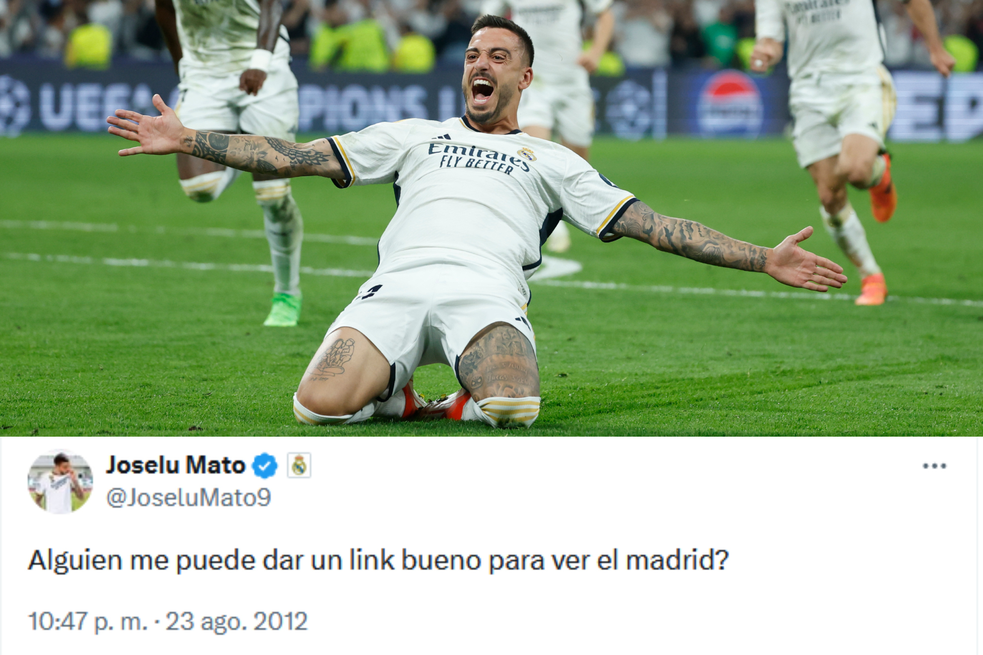 Celebración de Joselu ante el Bayern, junto a su 'tweet' viral de 2012.