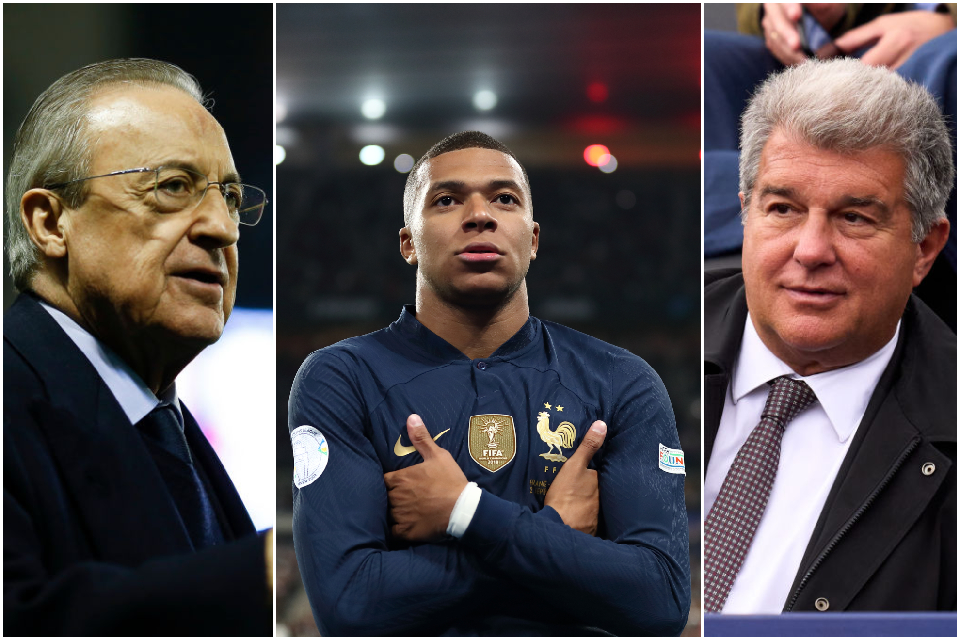 Florentino Pérez, Mbappé y Joan Laporta.