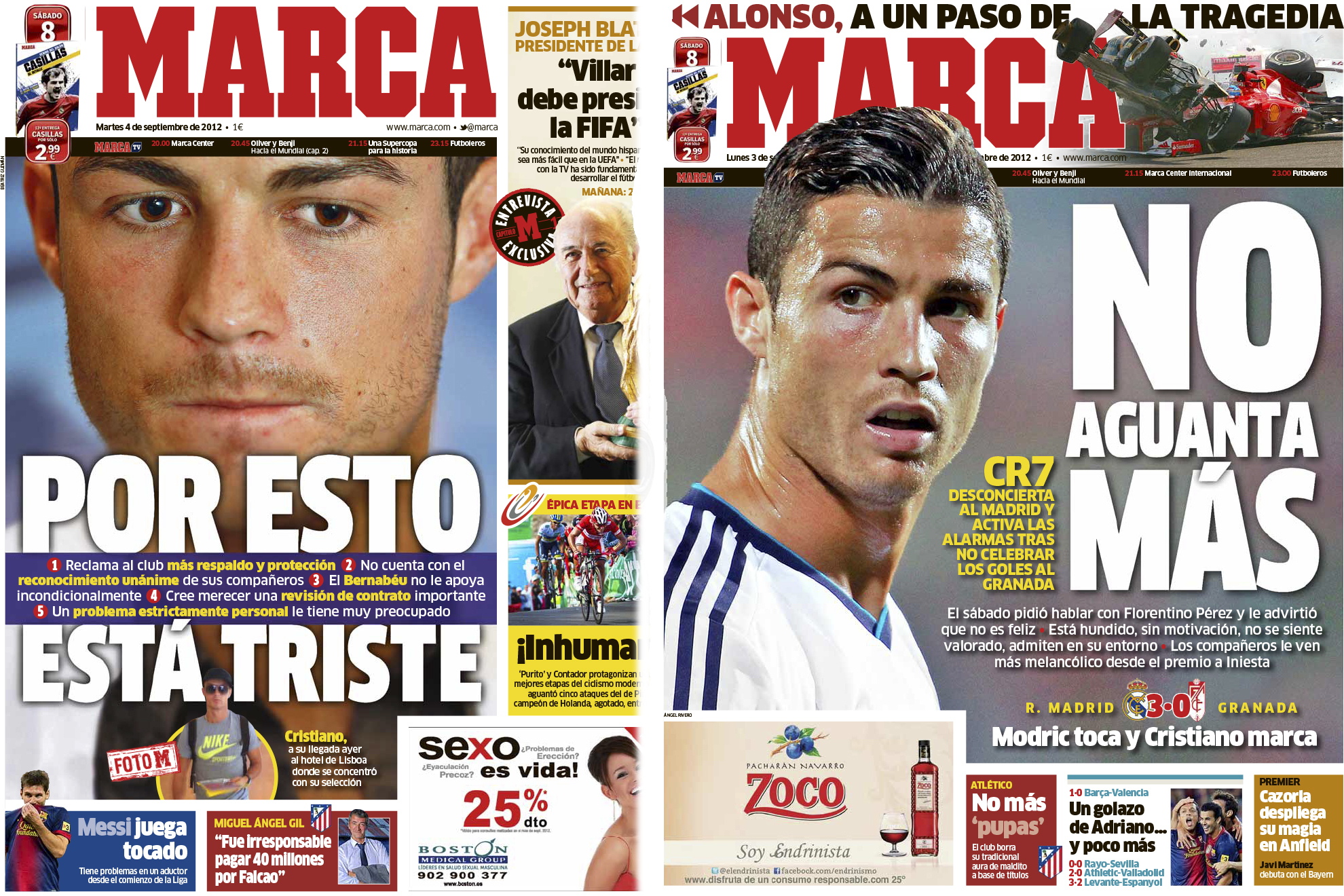 Portadas de MARCA del 3 y 4 de septiembre de 2.012.