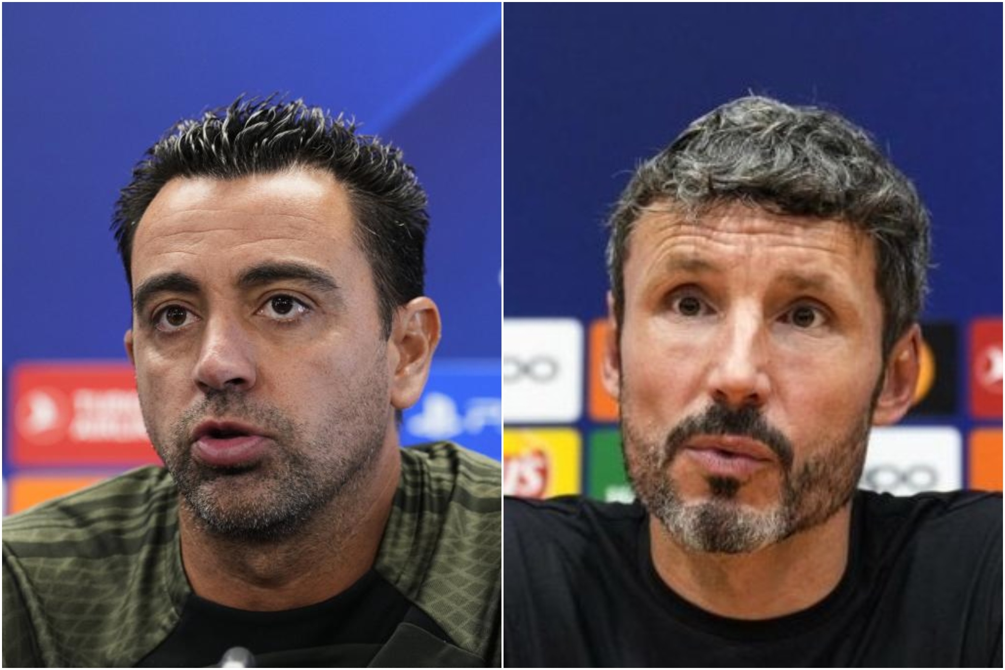 Xavi y Van Bommel en la rueda de prensa previa al partido de Champions