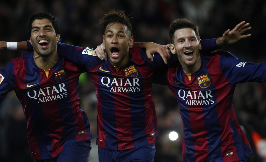 Suárez, Neymar y Messi celebrando un gol