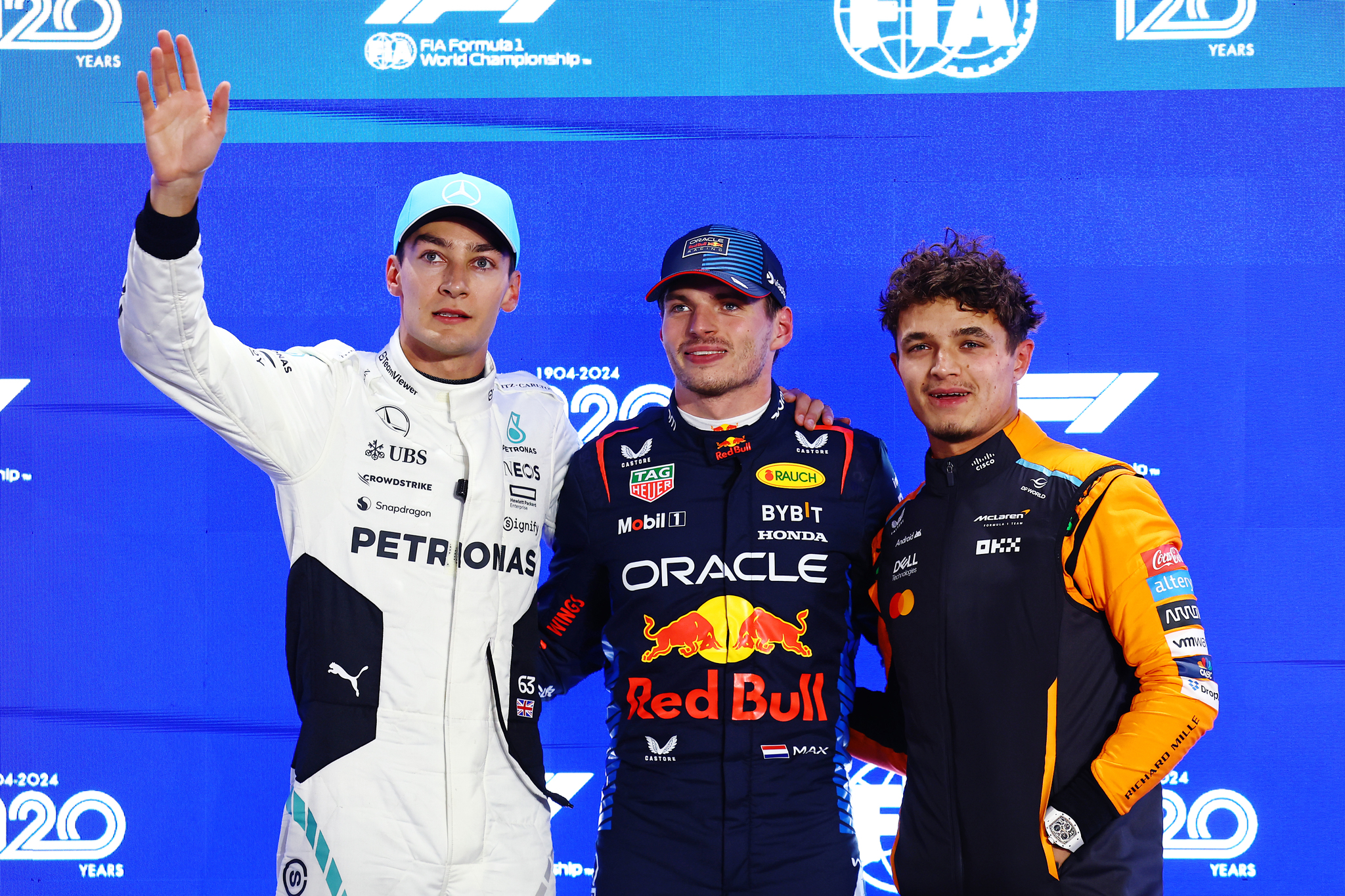 George Russel, Max Verstappen y Lando Norris, tras la clasificación de Qatar