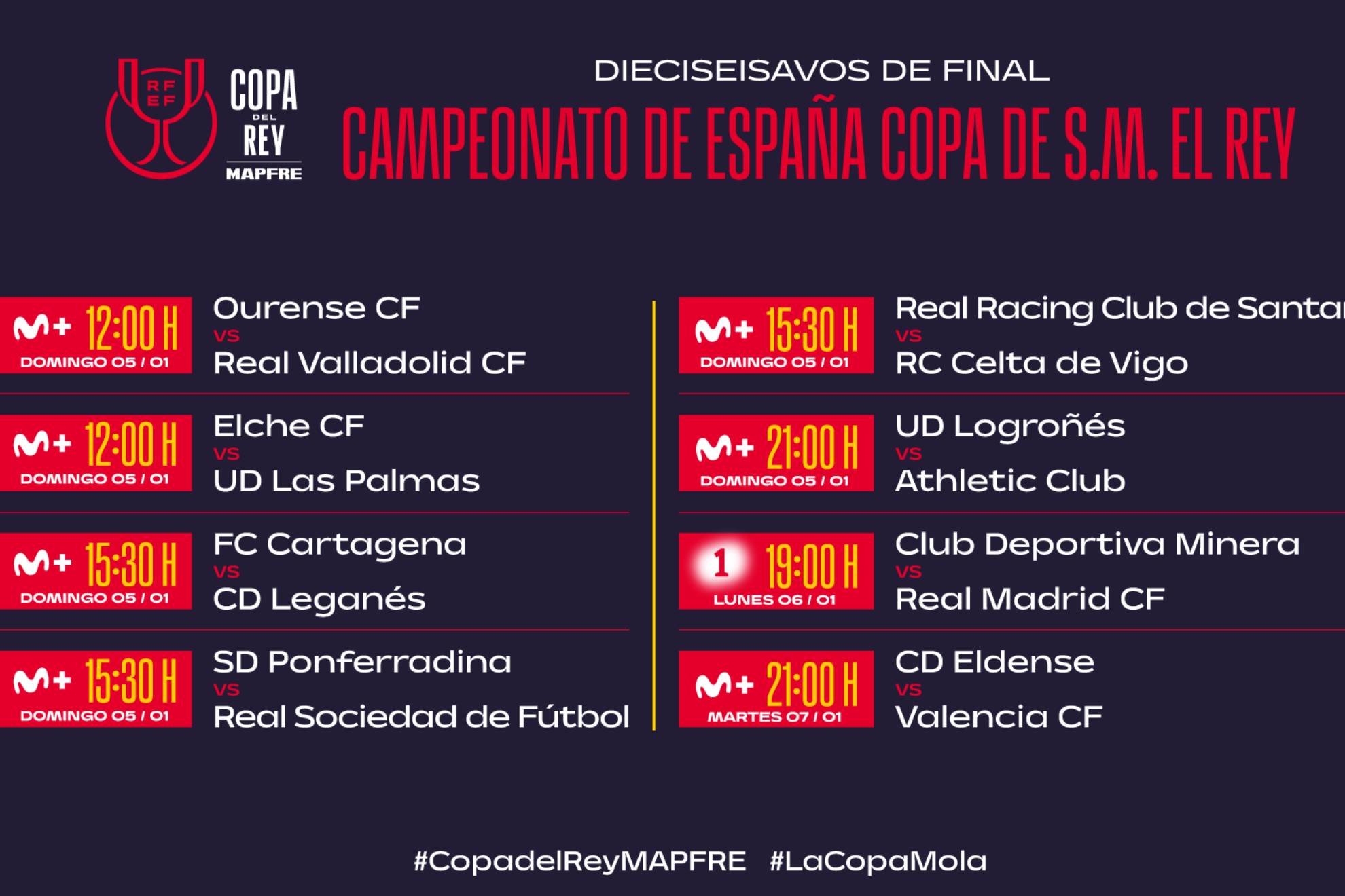 Ya se conocen los horarios de Copa del Rey de dieciseisavos de final