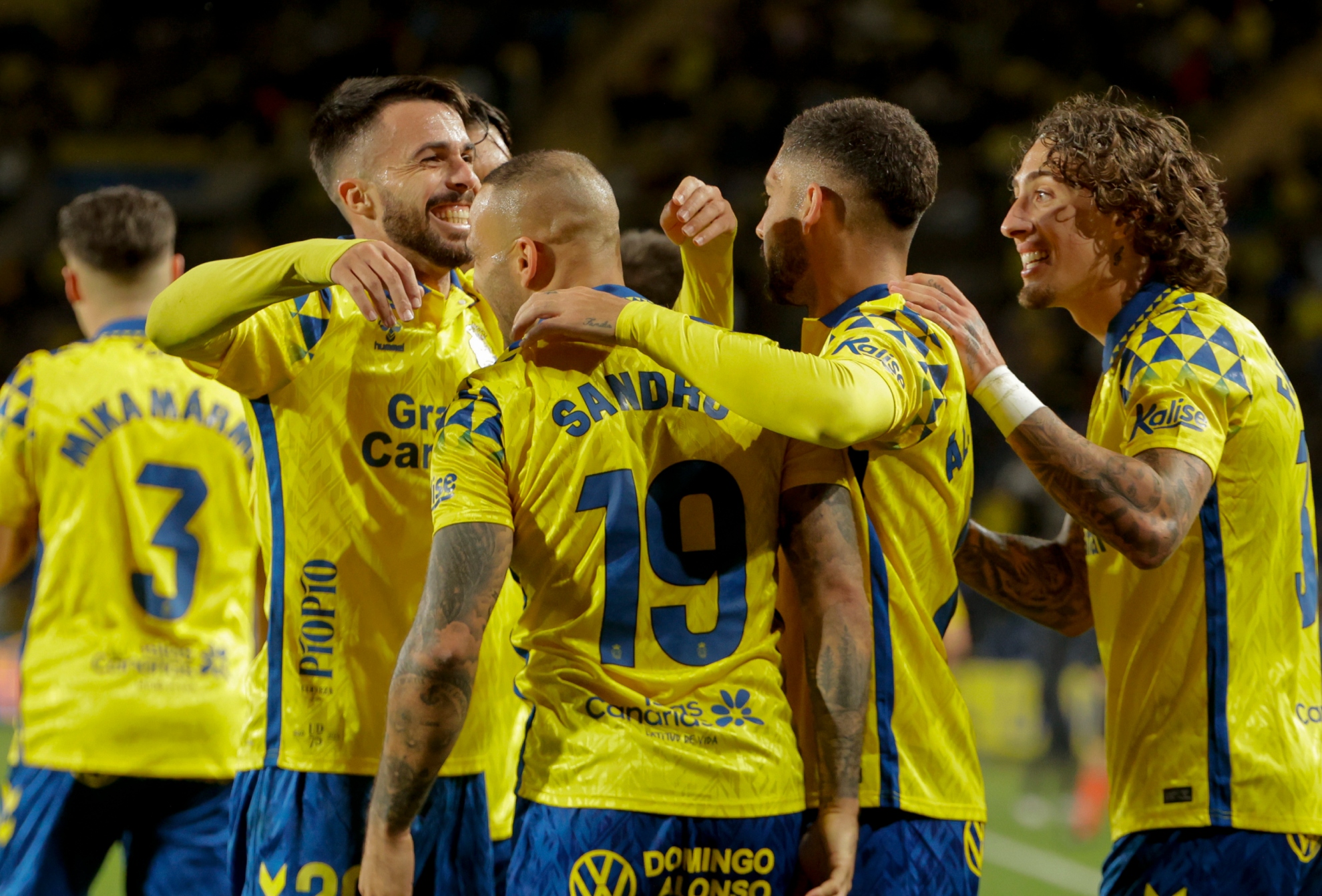 Los jugadores de Las Palmas, en el pasado duelo ante el Espanyol.