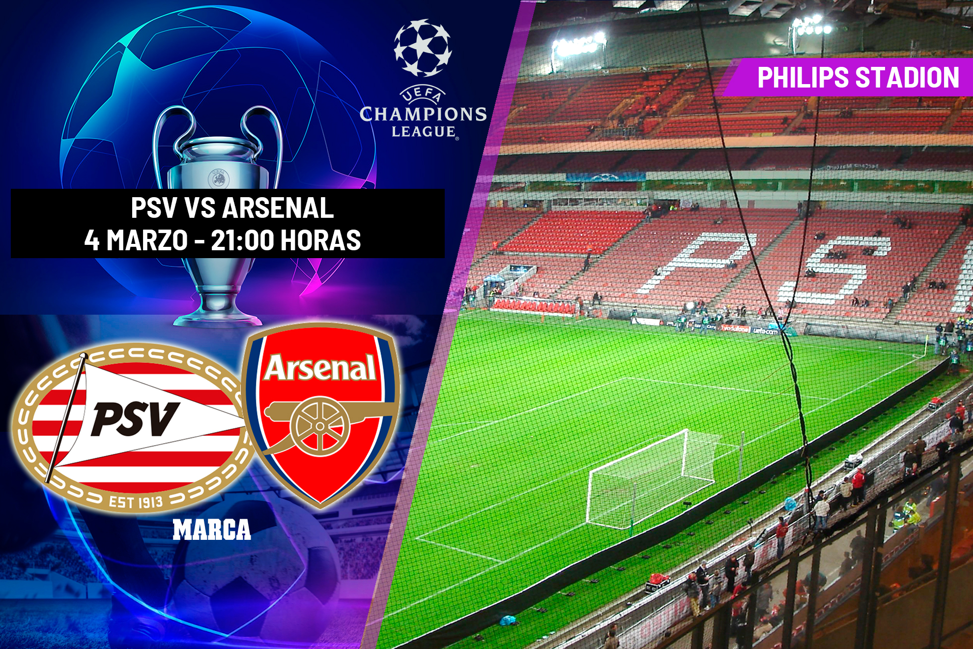 PSV - Arsenal: horario y dónde ver el partido de Champions League
