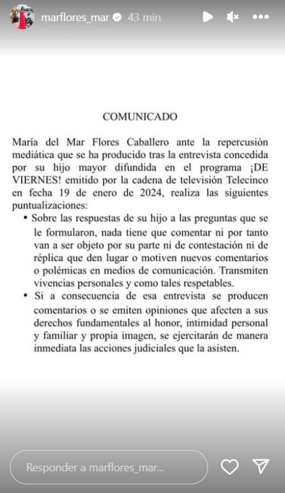 Mar Flores responde con un duro comunicado a la entrevista de su hijo