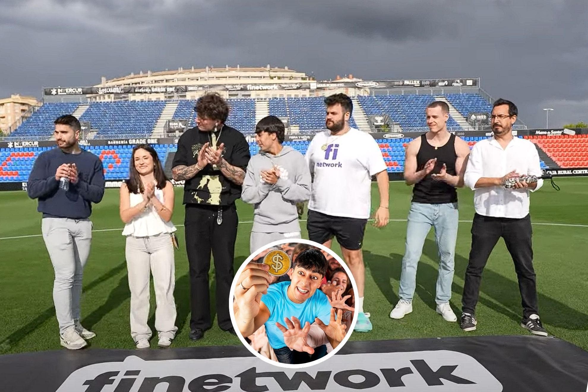 Nil Ojeda, Misho y Guanyar junto a todos los ganadores del '21 Días Escapando con 100.000 euros' en el estadio del Eldense.