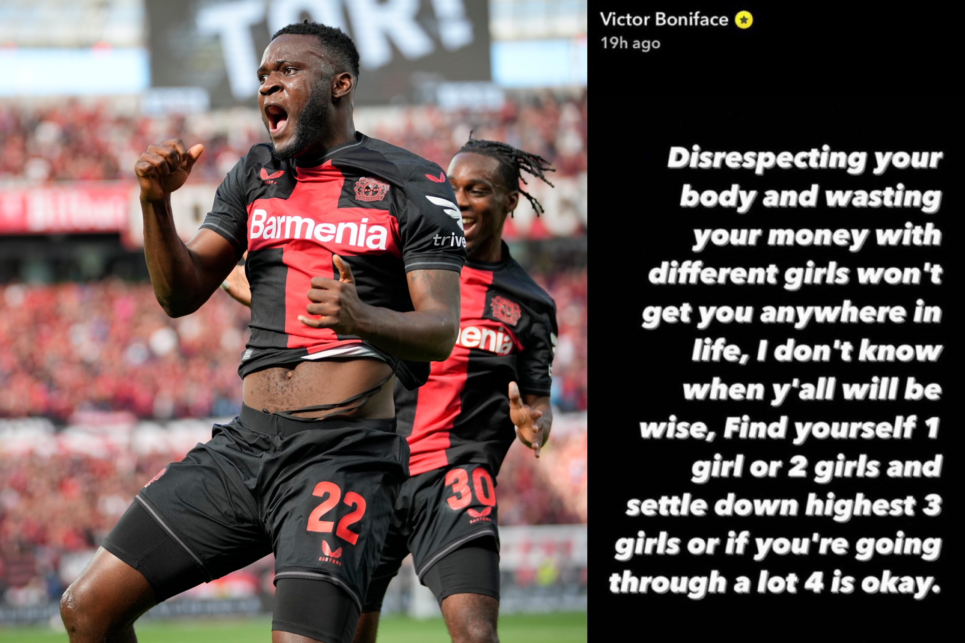 Boniface celebra un gol con el Leverkusen; a la derecha, su mensaje en Snaptchat.