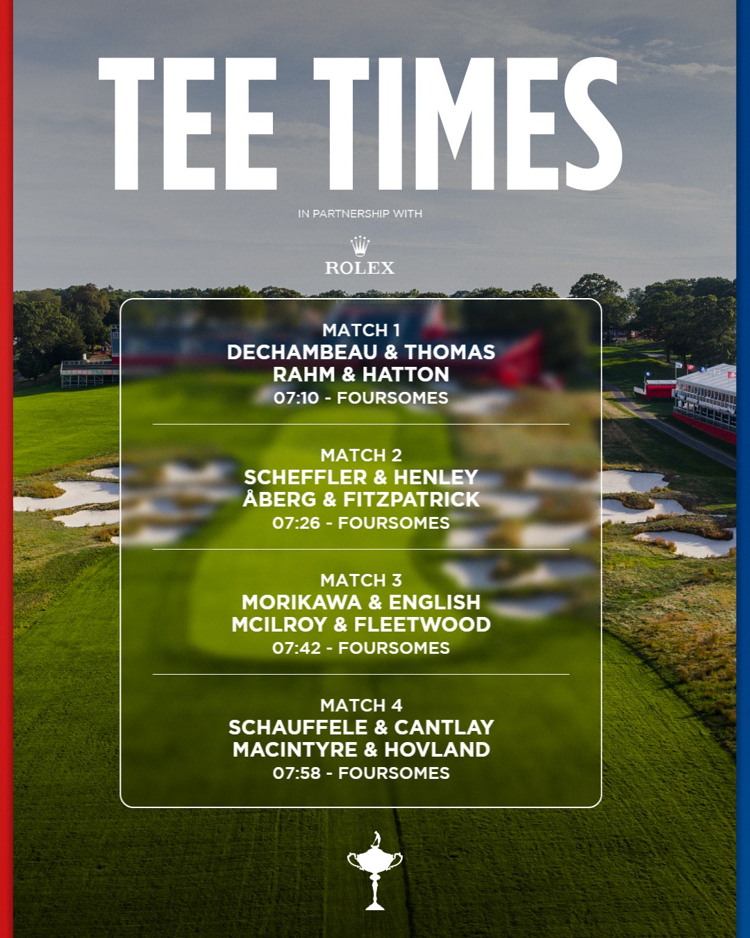 Partidos de la primera jornada de la Ryder en horario local, seis horas más en la península.