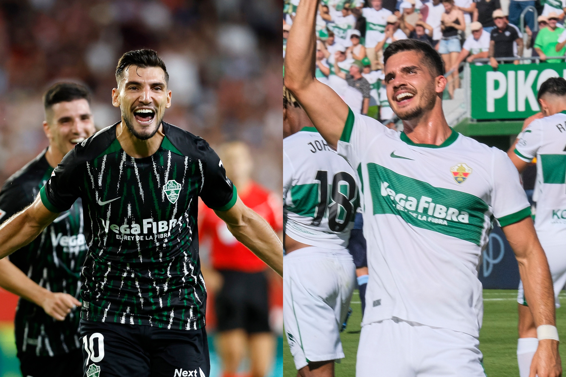 Rafa Mir y André Silva celebran goles con el Elche.