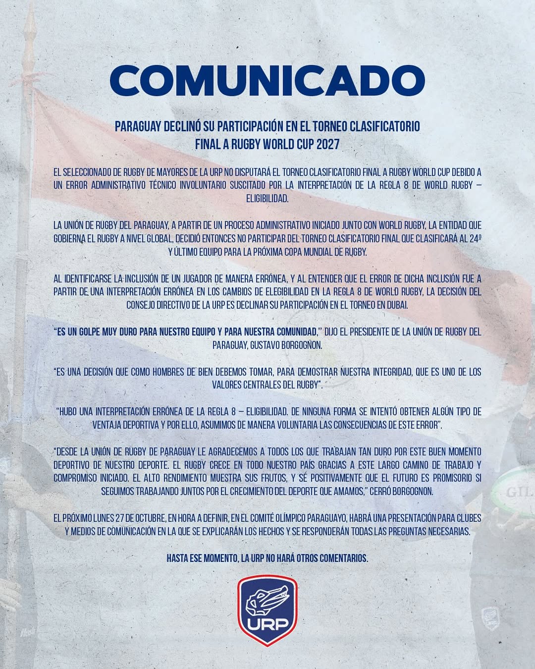 Comunicado Federación de Rugby Paraguay