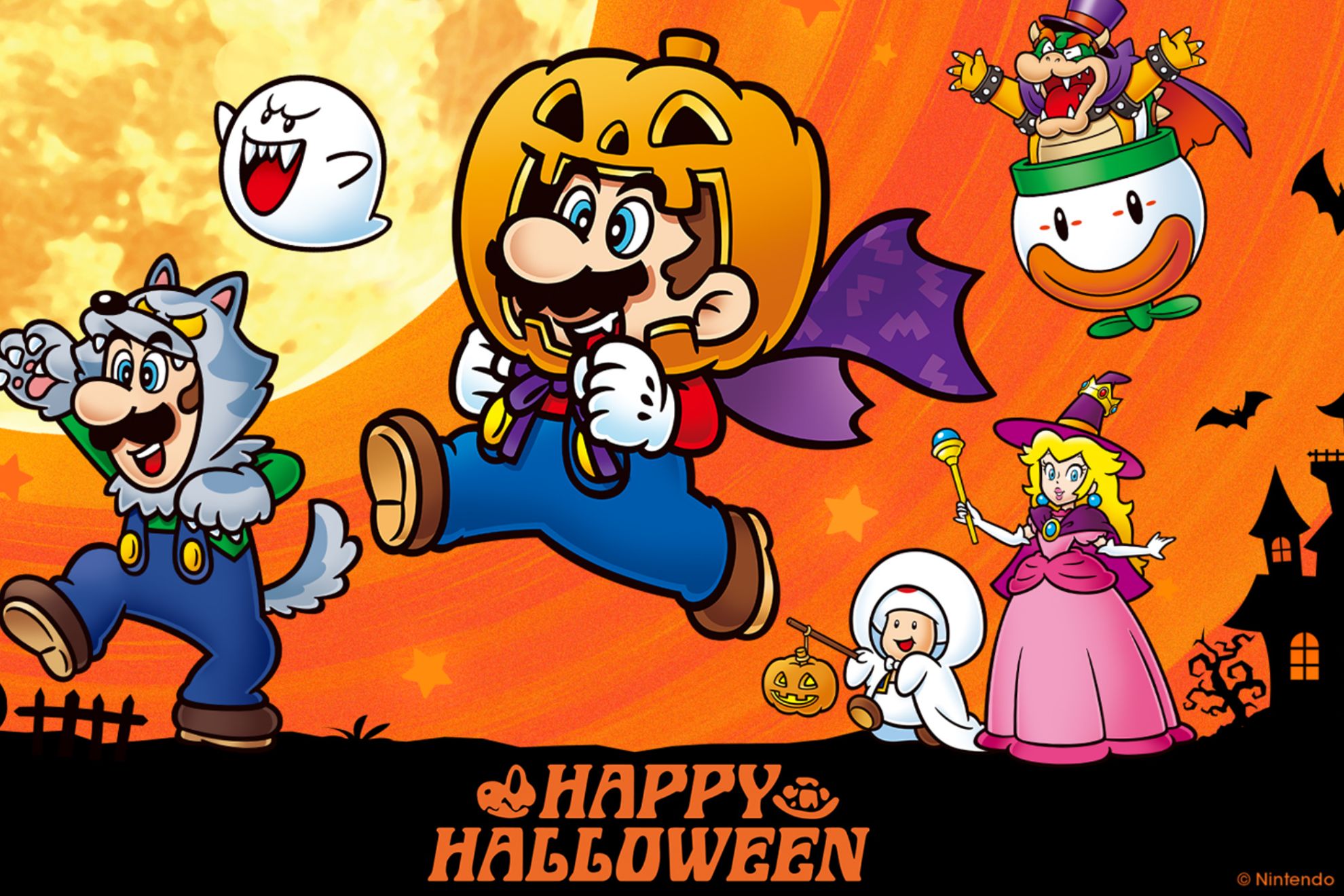 Imagen promocional de Halloween en Nintendo Switch con los personajes de Super Mario.