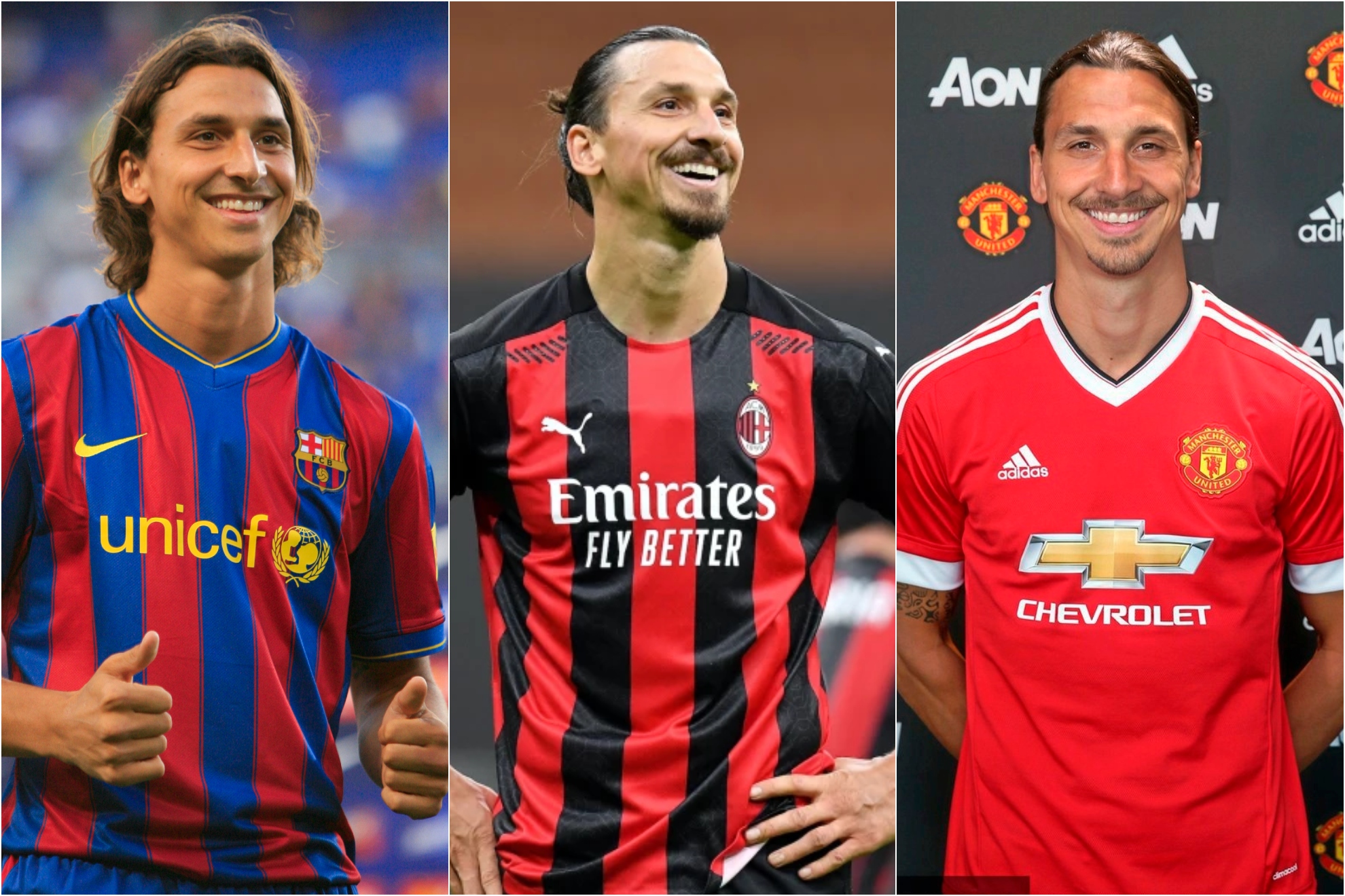 Ibra con el Barça, el Milan y el Manchester United.