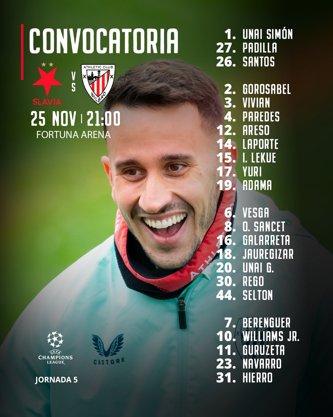 Lista de futbolistas con los que el Athletic viajará a Praga