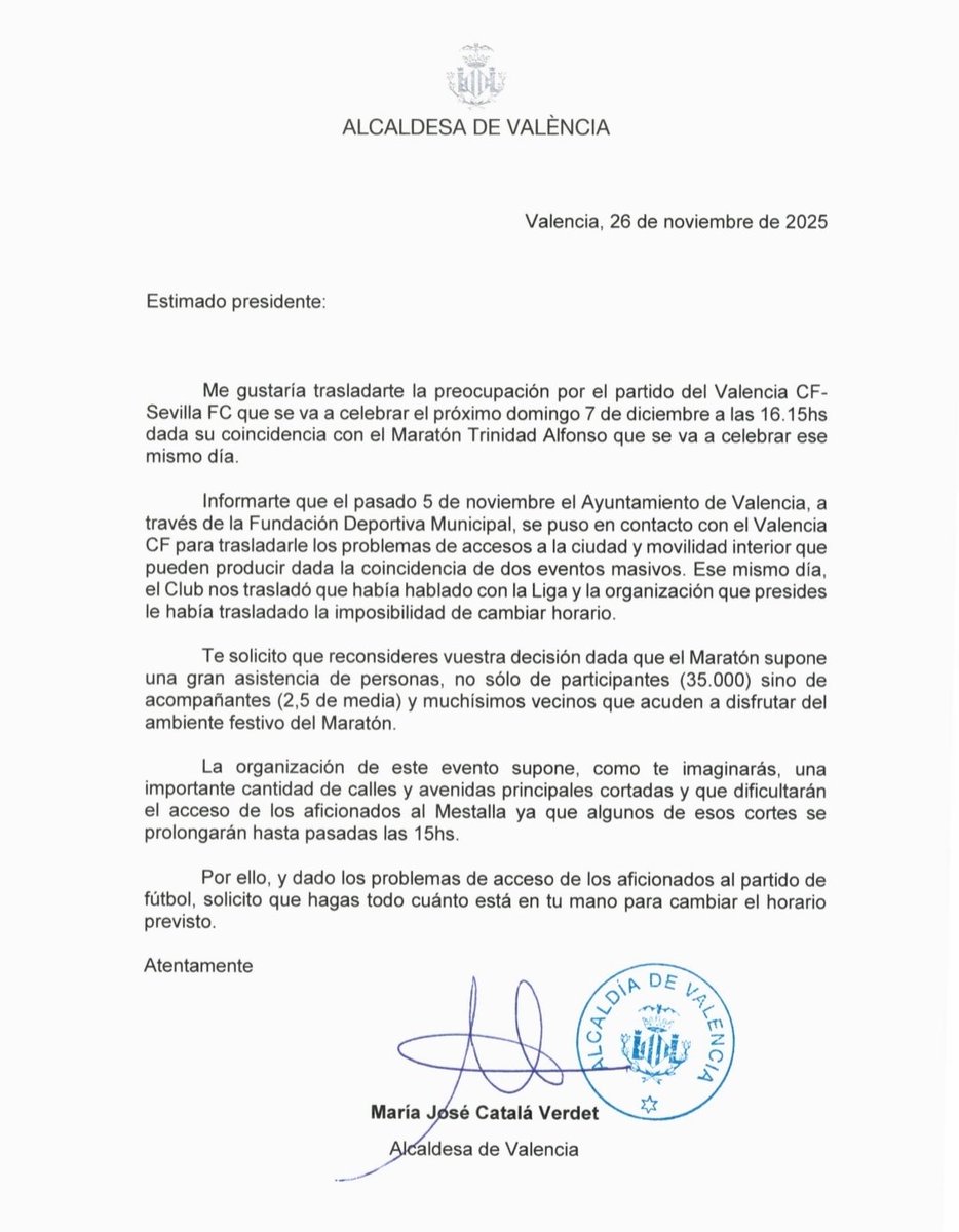 Carta firmada por el alcalde de Valencia.