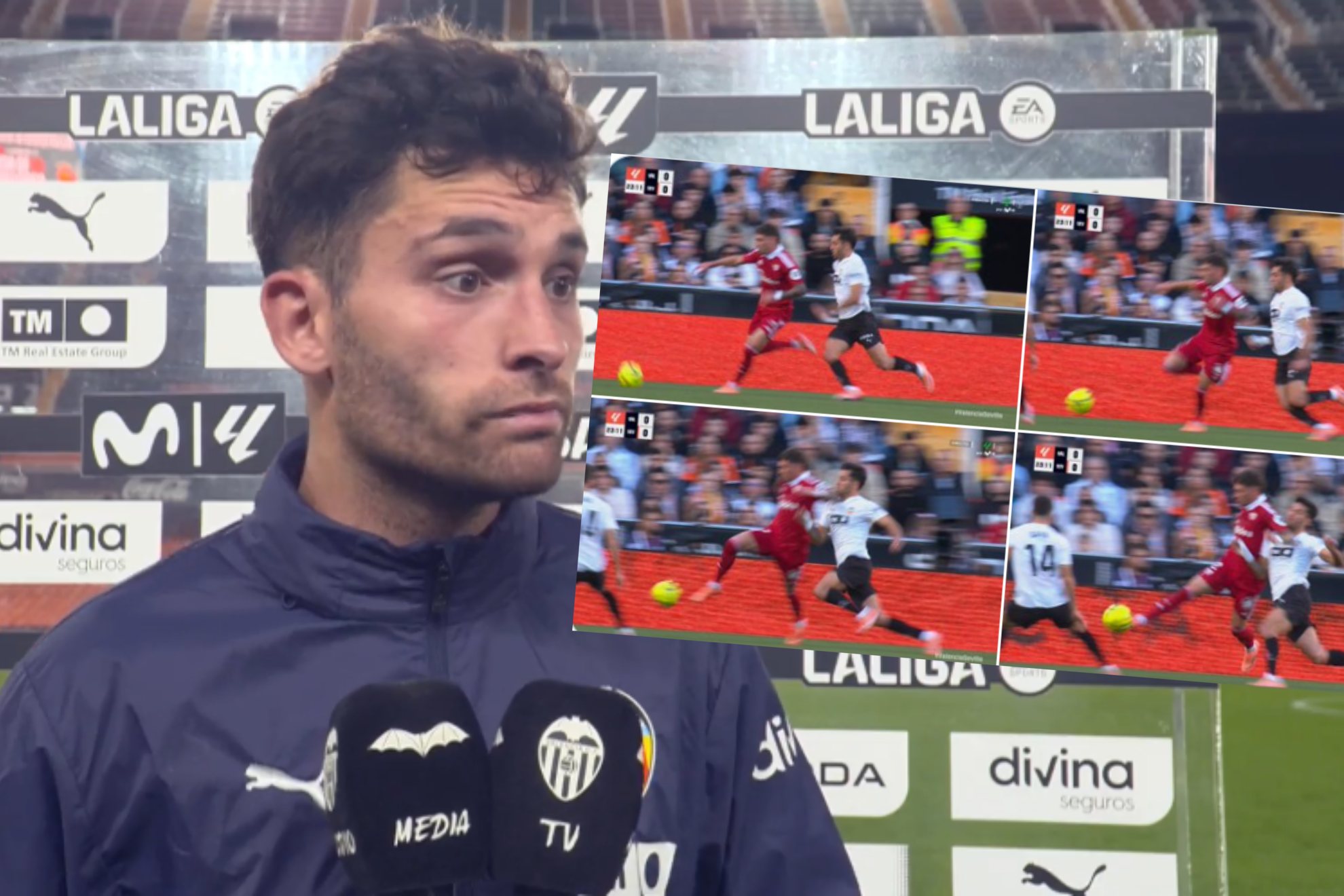 Hugo Duro junto a una imagen de la secuencia del codazo.