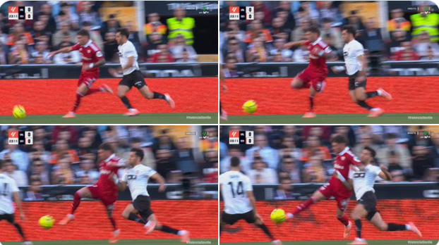 Secuencia de la acción en la que Carmona impacta con el codo en el rostro de Hugo Duro.